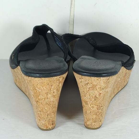 UGG Women's Natassia US8 Black Leather SlipOn Cork Wedge Platform Thong Sandals - Picture 10 of 15